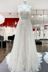Spaghetti Straps V Neck Tulle Ivory Lace A-Line Wedding Dresses-27dress