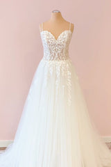 Spaghetti-Straps V-Neck Tulle Wedding Dress With Lace Appliques-27dress