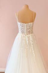 Spaghetti-Straps V-Neck Tulle Wedding Dress With Lace Appliques-27dress