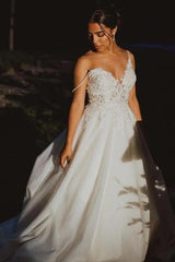 Spaghetti-Straps V-Neck Wedding Dress Lace Sleeveless A-Line-27dress