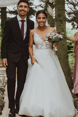 Spaghetti-Straps V-Neck Wedding Dress Lace Sleeveless A-Line-27dress