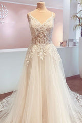 Spaghetti-Straps V-Neck Wedding Dress Lace Tulle Bridal Gowns-27dress