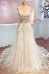 Spaghetti-Straps V-Neck Wedding Dress Lace Tulle Bridal Gowns-27dress