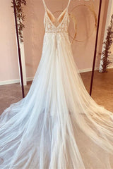 Spaghetti-Straps V-Neck Wedding Dress Tulle Long-27dress