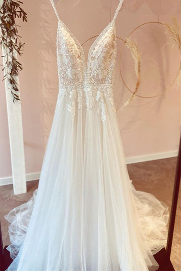 Spaghetti-Straps V-Neck Wedding Dress Tulle Long-27dress