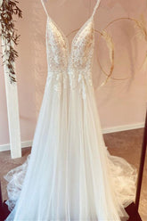 Spaghetti-Straps V-Neck Wedding Dress Tulle Long-27dress