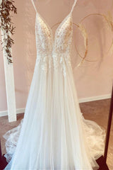 Spaghetti-Straps V-Neck Wedding Dress Tulle Long-27dress