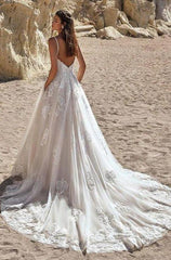Spaghetti-Straps Wedding Dress Sleeveless V-Neck With Appliques-27dress