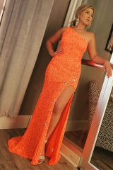Sparkle Black Sequins One Shoulder Sleeveless Mermaid Prom Dress With Split