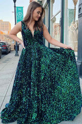 Sparkle Dark Green Sequins Long Prom Dress with Pockets-27dress