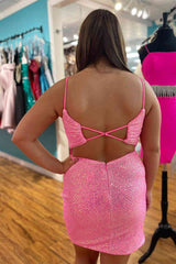 Sparkle Pink Sequined Tight Homecoming Dress