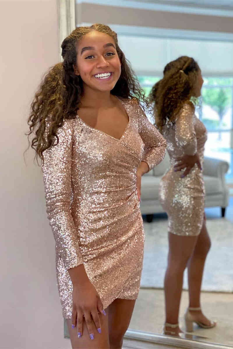 Sparkle Short V-Neck Long Sleeves Homecoming Dress-27dress