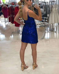 Sparkle V-Neck Spaghetti Straps Royal Blue Short Party Dress-27dress