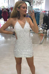 Sparkle V-neck White Sequins Short Homecoming Dress-27dress