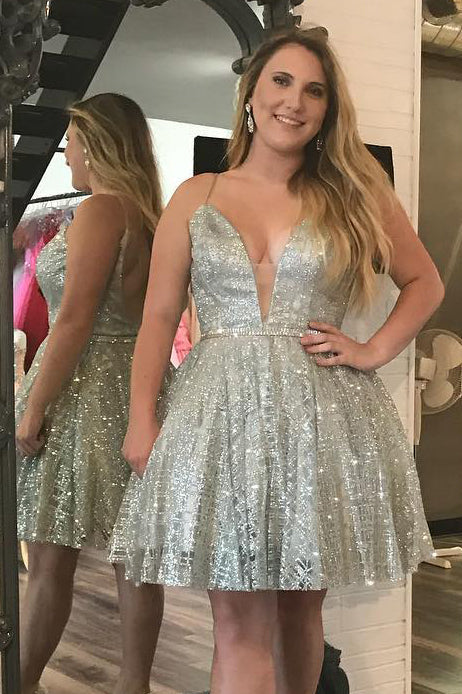 Sparkling V-neck Silver Homecoming Dress with Beading-27dress
