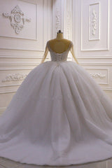 Sparkly Ball Gown Tulle Wedding Dress Jewel Sequined Beadings Long Sleeves Bridal Gowns On Sale-27dress