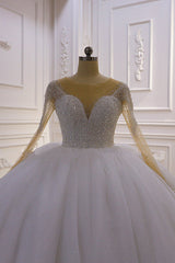 Sparkly Ball Gown Tulle Wedding Dress Jewel Sequined Beadings Long Sleeves Bridal Gowns On Sale-27dress
