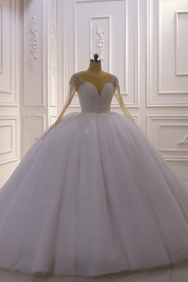 Sparkly Ball Gown Tulle Wedding Dress Jewel Sequined Beadings Long Sleeves Bridal Gowns On Sale-27dress