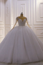 Sparkly Ball Gown Tulle Wedding Dress Jewel Sequined Beadings Long Sleeves Bridal Gowns On Sale-27dress