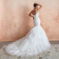 Sparkly Mermaid Sweetheart White Tulle Wedding Dresses with Sequins-27dress
