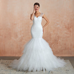 Sparkly Mermaid Sweetheart White Tulle Wedding Dresses with Sequins-27dress
