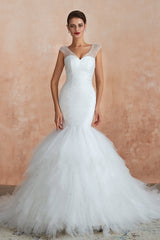 Sparkly Mermaid Sweetheart White Tulle Wedding Dresses with Sequins-27dress