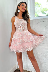 Sparkly One Shoulder Light Blue Corset Tiered Short Homecoming Dress