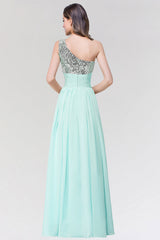 Sparkly One-shoulder Ruffle Long Bridesmaid Dresses with Sequined Top-27dress