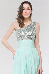 Sparkly One-shoulder Ruffle Long Bridesmaid Dresses with Sequined Top-27dress