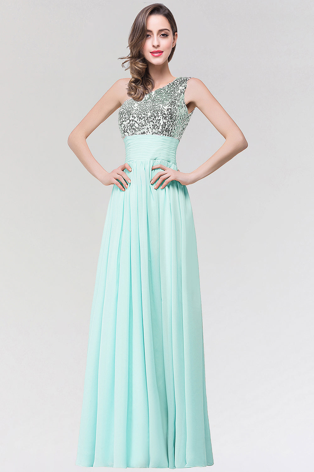 Sparkly One-shoulder Ruffle Long Bridesmaid Dresses with Sequined Top-27dress