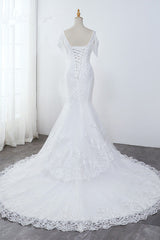 Sparkly Sequined V-Neck Cold-Shoulder White Wedding Dress White Mermaid Lace Appliques Bridal Gowns On Sale-27dress