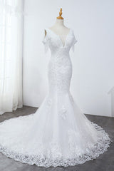 Sparkly Sequined V-Neck Cold-Shoulder White Wedding Dress White Mermaid Lace Appliques Bridal Gowns On Sale-27dress