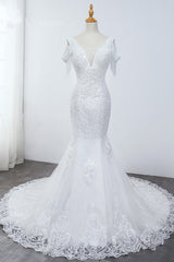 Sparkly Sequined V-Neck Cold-Shoulder White Wedding Dress White Mermaid Lace Appliques Bridal Gowns On Sale-27dress