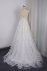 Sparkly Sequined V-Neck Wedding Dress Tulle Sleeveless Beadings Bridal Gowns On Sale-27dress