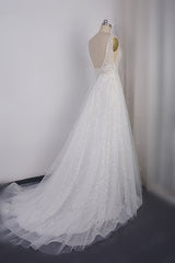 Sparkly Sequined V-Neck Wedding Dress Tulle Sleeveless Beadings Bridal Gowns On Sale-27dress