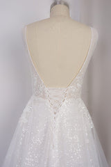 Sparkly Sequined V-Neck Wedding Dress Tulle Sleeveless Beadings Bridal Gowns On Sale-27dress