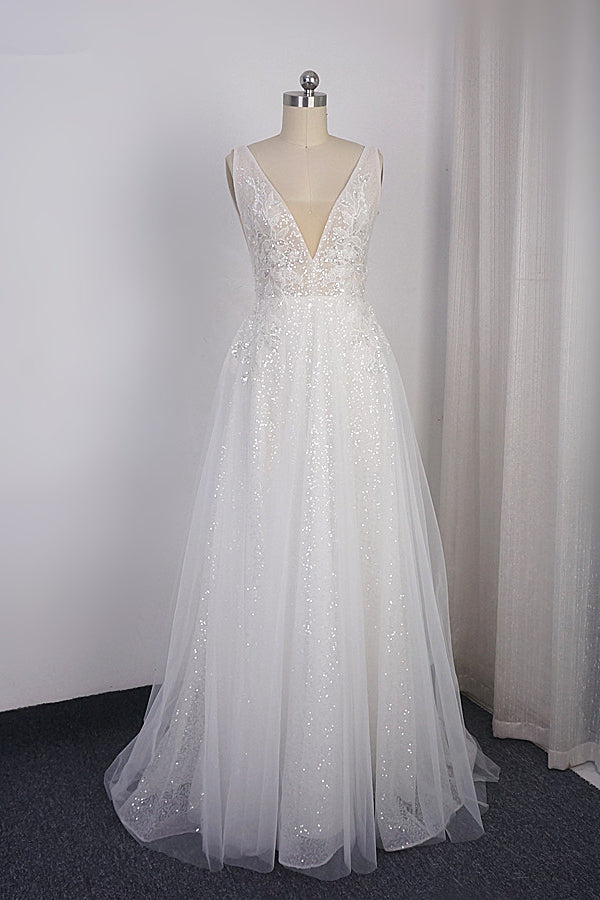 Sparkly Sequined V-Neck Wedding Dress Tulle Sleeveless Beadings Bridal Gowns On Sale-27dress