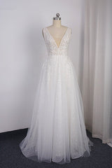 Sparkly Sequined V-Neck Wedding Dress Tulle Sleeveless Beadings Bridal Gowns On Sale-27dress