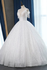 Sparkly Sequins White Tulle Ball Gown Wedding Dress Cold-Shoulder V-Neck Bridal Gowns with Tassels On Sale-27dress