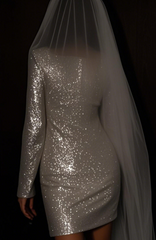 Sparkly Short Sheath High Neck Sequined Wedding Dresses with Sleeves-27dress