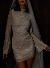 Sparkly Short Sheath High Neck Sequined Wedding Dresses with Sleeves-27dress