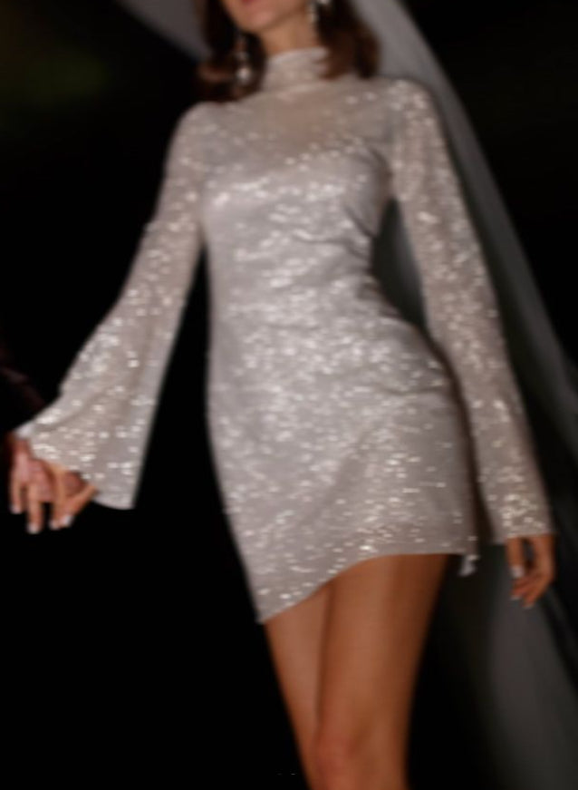 Sparkly Short Sheath High Neck Sequined Wedding Dresses with Sleeves-27dress