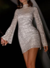 Sparkly Short Sheath High Neck Sequined Wedding Dresses with Sleeves-27dress