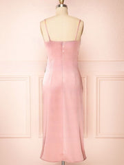 Split Front Tea-length Bridesmaid Dresses in Silk-like Satin Sheath/Column Cowl Neck