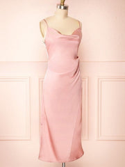 Split Front Tea-length Bridesmaid Dresses in Silk-like Satin Sheath/Column Cowl Neck