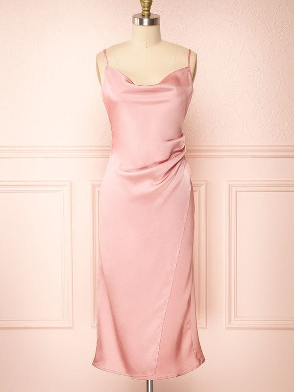 Split Front Tea-length Bridesmaid Dresses in Silk-like Satin Sheath/Column Cowl Neck