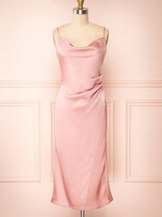 Split Front Tea-length Bridesmaid Dresses in Silk-like Satin Sheath/Column Cowl Neck