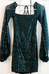 Square Neck Dark Green Sequins Sheath Homecoming Dress-27dress