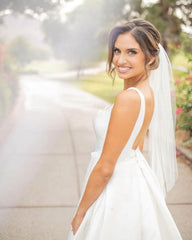 Square Neckline Ball Gown Satin Sweep Train Wedding Dresses With Pockets