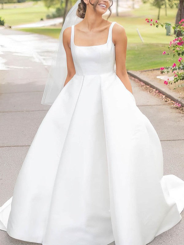 Square Neckline Ball Gown Satin Sweep Train Wedding Dresses With Pockets